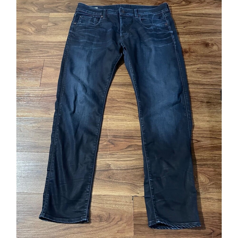 G Star Raw 3301 Slim Fit Waxed Dark Blue Denim Jeans W34 L32 VTG Faded Y2K Style